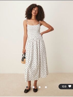 Abercrombie & Fitch White Smocked Midi Dress with Black Polka Dots
